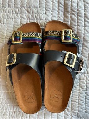 inkkas Black Leather Sandals with Multicolor Woven Straps and Gold Buckles